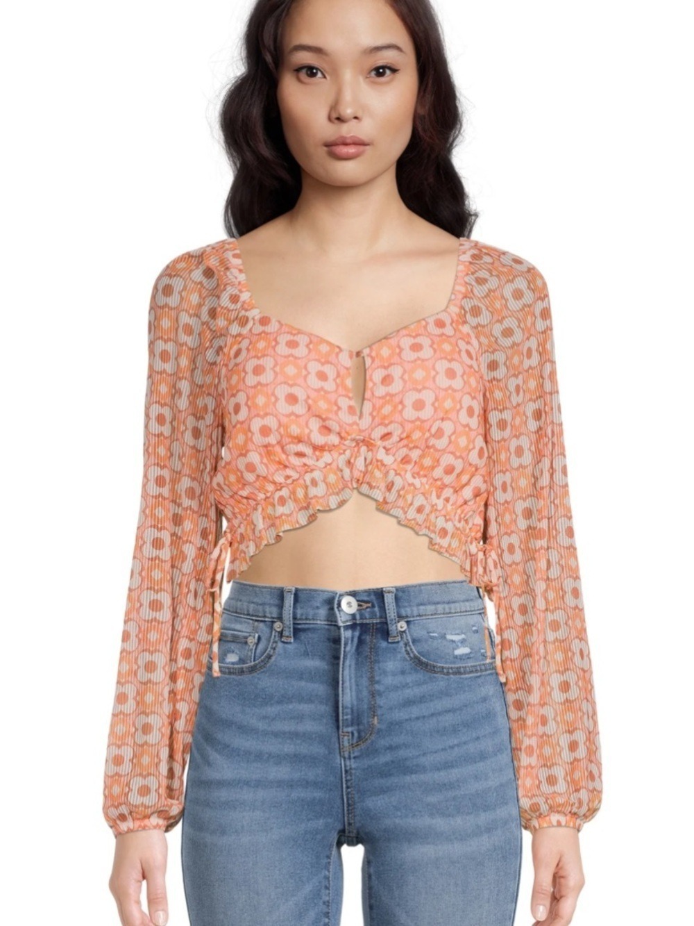 Madden NYC Orange Floral Cropped Blouse y2K XL
